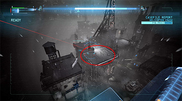Now you need to locate the places that the shot has been fired from - Case 1224-4: Helicopter Crash - Casefile Reports - Batman: Arkham Origins - Game Guide and Walkthrough