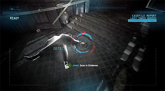 Corpse at the stairs - Solve the crime scene inside Lacey Towers - Main storyline - Batman: Arkham Origins - Game Guide and Walkthrough