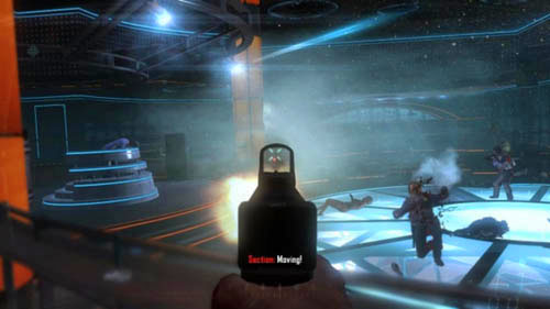 Immediately aim at the opponents head who's crouching on the left, because he's the one who's going to shoot at you first (the one crouching on the right looks to the right, so leave him) - Mission 06: KARMA - Missions: Challenges - Call of Duty: Black Ops II - Game Guide and Walkthrough