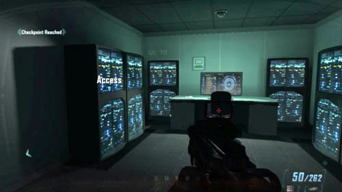 After the adventure with Ziggy is over and after you've cleared the opponents in the CRC room, go exactly forward passing by the shelves - Mission 06: KARMA - Missions: Challenges - Call of Duty: Black Ops II - Game Guide and Walkthrough