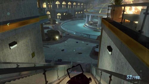 The outdoor area is the last part of the level, namely, the one you'll find yourself in after going down the big stairs and exiting the shopping center - Mission 06: KARMA - Missions: Challenges - Call of Duty: Black Ops II - Game Guide and Walkthrough