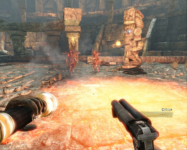 Stand behind the statues and activate them by lighting up the crystals behind them. - Mayan Temple - Walkthrough - Deadfall Adventures - Game Guide and Walkthrough