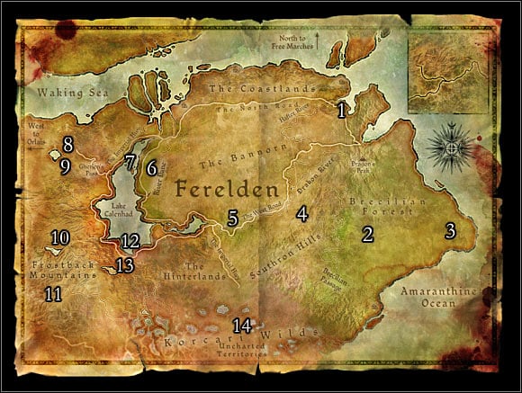 World Map 1: Ferelden. Main locations on the map: 1 – Denerim