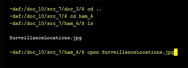 Continue searching, up until the moment, at which the system, after you enter the ls command, informs you of the presence of the SurveillanceLocations - Chapter 5, part 2 - things to do outside the game - inFamous Paper Trail - inFamous: Second Son - Game Guide and Walkthrough