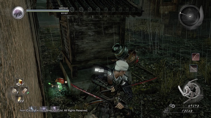 Behind a smaller building there is a chest guarded by a ninja - The Spirit Stone Slumbers | Main missions - Main missions - NiOh Game Guide