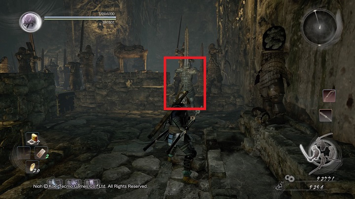 Right after you leave the safe zone, on the left there is a Sentry - The Spirit Stone Slumbers | Main missions - Main missions - NiOh Game Guide