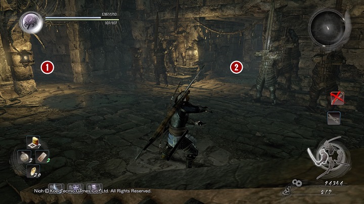 In the next part of the quest you must go on the walls from which the dweller was throwing the bombs at you - The Spirit Stone Slumbers | Main missions - Main missions - NiOh Game Guide