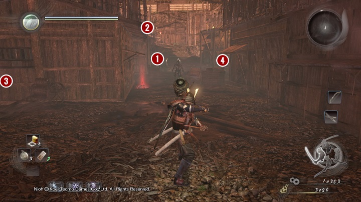 Since the bonfire is gone, you will see the above view in front of you - Death to Bandits | Side missions - Side missions - NiOh Game Guide