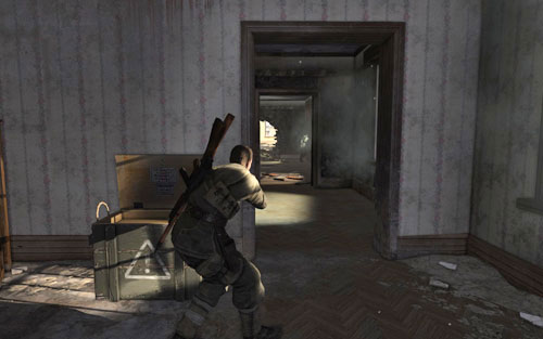 After heading inside, you should restock on ammunition which can be found inside the crate - Mission 1 Schoneberg Convoy - p. 1 - Walkthrough - Sniper Elite V2 - Game Guide and Walkthrough