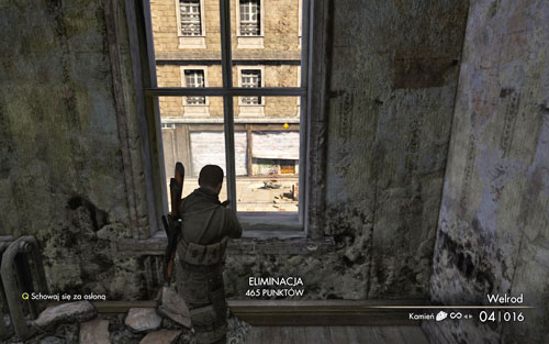Move onwards however before you head down, lean out through one of the windows you should be able to see one soldier leaning against a wall its worth to eliminate him quietly now - Mission 1 Schoneberg Convoy - p. 1 - Walkthrough - Sniper Elite V2 - Game Guide and Walkthrough