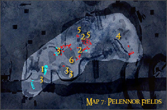 Map legend: 1 – starting area and first checkpoint - Campaign – Forces of good - Mission 6 – Pelennor Fields - Campaign – Forces of good - The Lord of the Rings: Conquest - Game Guide and Walkthrough