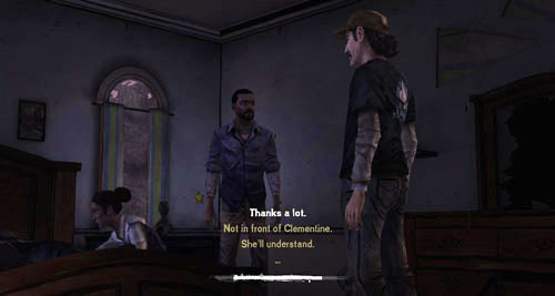 It does not matter which answer you will choose near the bed on which Omid is lying - Chapter 6: For Whom The Bell Tolls - Episode IV: Around Every Corner - The Walking Dead - Game Guide and Walkthrough