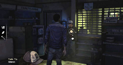 When you return to the pharmacy, you can finally talk to Glenn - Chapter 5: Its Just One Bullet - The Motor Inn - Episode I: A New Day - The Walking Dead - Game Guide and Walkthrough