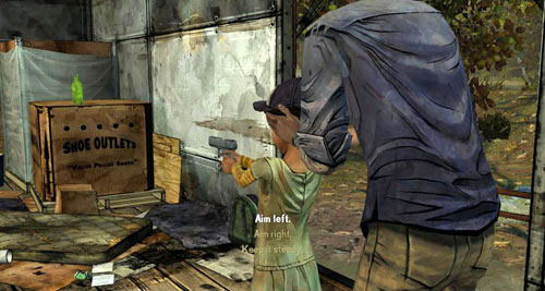 Teaching her how to use a gun: After you've brought that up, Lee will give Clementine a gun - Chapter 5: Handle It - Speaking with Clementine - Episode III: Long Road Ahead - The Walking Dead - Game Guide and Walkthrough