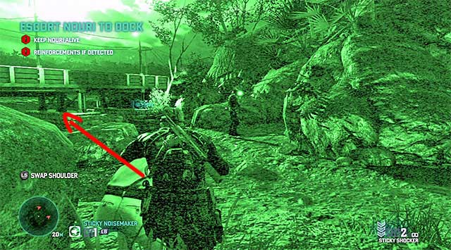 Stop again when you reach the rocks - Escort Nouri - Mission 4 – Private Estate - Tom Clancys Splinter Cell: Blacklist - Game Guide and Walkthrough