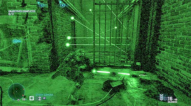 If there is a “full set” of three enemies around, you should go through the right side of the room, by grabbing onto the pipe attached to the ceiling and getting around the enemies from the right - Mission 3 – Hackers Den - Optional missions assigned by Grim - Tom Clancys Splinter Cell: Blacklist - Game Guide and Walkthrough