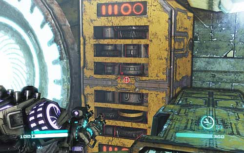 Use grapple to get on the higher platform and destroy two mechanisms behind steel sheet (picture) - Chapter 8 – Combaticons Combine! - Walkthrough - Transformers: Fall of Cybertron - Game Guide and Walkthrough