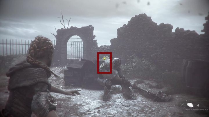 Then, you will have to shoot down the collar, which is mounted on the chest of the enemy - Chapter II - The Strangers | A Plague Tale walkthrough - Walkthrough - A Plague Tale Guide