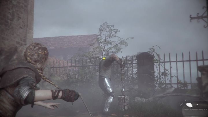 In the end, you just have to shoot the exposed head of the enemy - Chapter II - The Strangers | A Plague Tale walkthrough - Walkthrough - A Plague Tale Guide