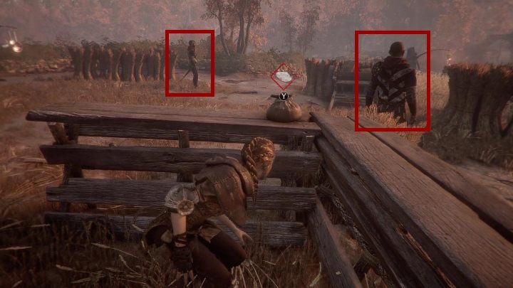 You have to sneak through the grass and avoid guards patrolling the area - Chapter IV - The Apprentice | A Plague Tale walkthrough - Walkthrough - A Plague Tale Guide