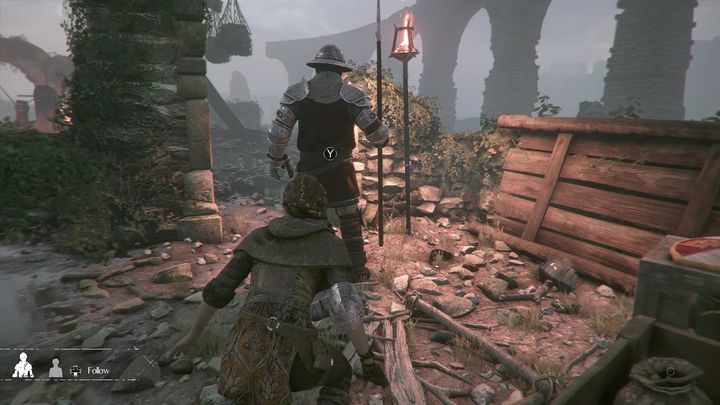 After you cope with the opponent, light a lantern and approach the burning trebuchet - Chapter V - The Ravens Spoils | A Plague Tale walkthrough - Walkthrough - A Plague Tale Guide