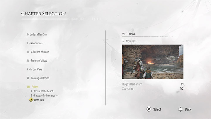 Plague Tale Requiem has the option of repeating entire chapters and their individual parts - use the Chapter Selection option in the main menu - Plague Tale Requiem: Walkthrough, list of all chapters - Walkthrough - A Plague Tale Requiem Guide, Walkthrough