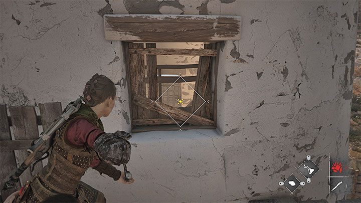 Stand next to the upper opening and shoot the hook on the door with your sling - Plague Tale Requiem: Optional windmill puzzle in Chapter 9 - how to get the Bracer? - Secrets and Collectibles - A Plague Tale Requiem Guide, Walkthrough