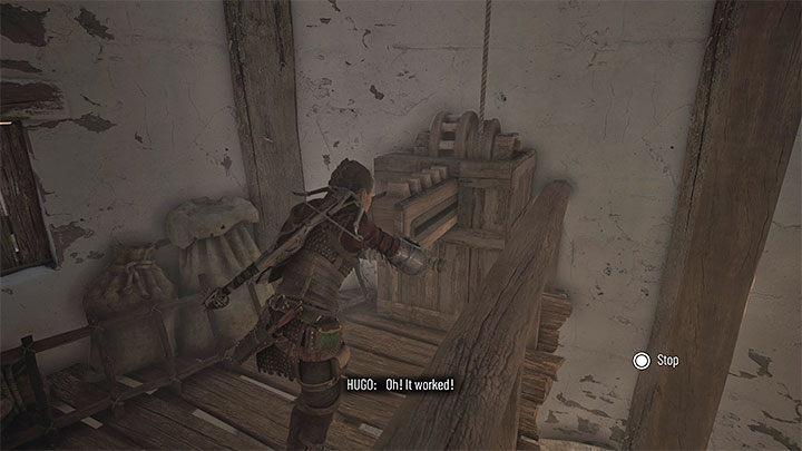 Approach the mechanism and pull it out to start the windmill - Plague Tale Requiem: Optional windmill puzzle in Chapter 9 - how to get the Bracer? - Secrets and Collectibles - A Plague Tale Requiem Guide, Walkthrough