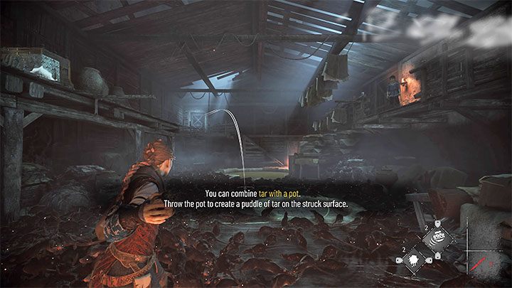 As told, throw the tar pot to the area between two tanks (screenshot above) - Plague Tale Requiem: Chapter 4, Find the Orders boat - walkthrough - Chapter 4 - Protectors Duty - A Plague Tale Requiem Guide, Walkthrough