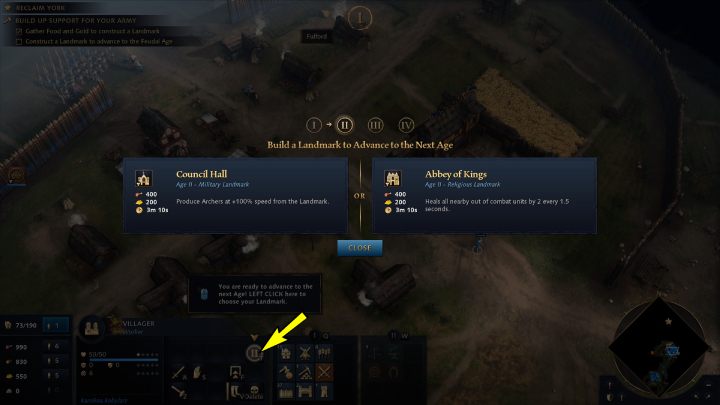 Collect 400 meat and 200 gold, select a settler, and place one of the buildings to advance to the next era - Age of Empires 4: North to York (The Normans) - walkthrough - The Normans - Age of Empires 4 game guide