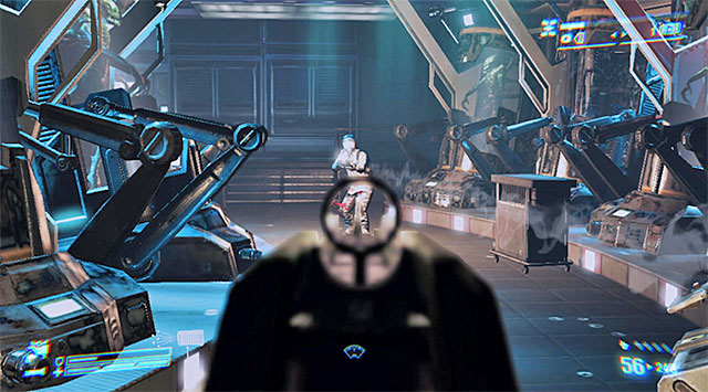 In one of the subsequent room you'll come across three armed scientists (the above screenshot), but given that they're poorly armored, they shouldn't pose any threat - Locate and rescue the Marine being held captive - Mission 7: One Bullet - Aliens: Colonial Marines - Game Guide and Walkthrough