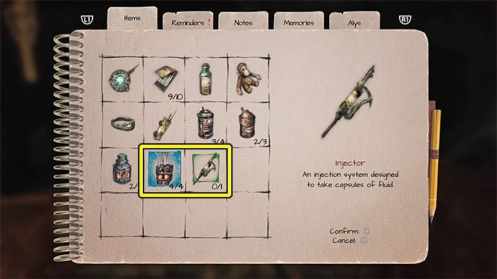 Open your inventory, select the capsules and choose combine items - you have to connect the capsules with the injector (example in the picture above) - Amnesia Rebirth: The Lower Factory - walkthrough - Walkthrough - Amnesia Rebirth Guide