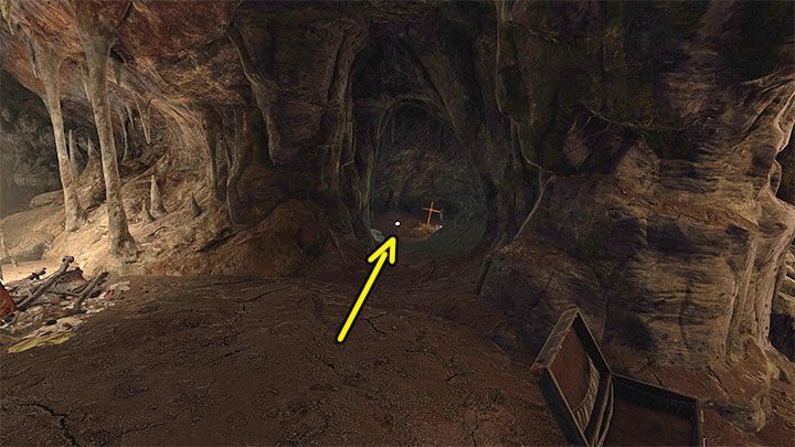 Gehen Sie etwas weiter und untersuchen Sie den Bereich rechts mit dem Grabstein – sein Kreuz ist in der Ferne sichtbar – Amnesia Rebirth: The Caves – Komplettlösung, Geheimnisse – Übergangsbeschreibung – Amnesia Rebirth Guide