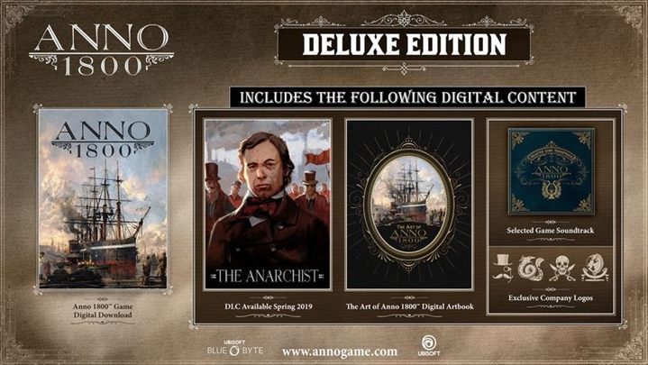 The Digital Deluxe edition includes a copy of Anno 1800 game, the Anarchist expansion set, company Logos, Art of Anno 1800 (Digital album) and a selection of tracks from the original soundtrack - Anno 1800 Game Guide