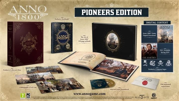The Pioneer Collectors Edition includes a copy of Anno 1800 game, the Anarchist expansion set, a Collectors Edition Box in Victorian style, Art of Anno 1800 Digital Album, unique accessories packed in metal, 3 lithographs, a letter from Hannah, full games soundtrack - Anno 1800 Game Guide