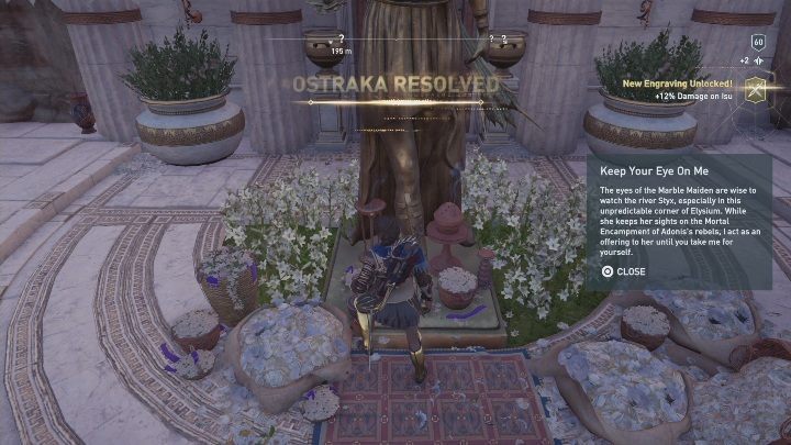 Solution to the puzzle: Found at the feet of a golden statue, west from the Mortal Encampment - AC Odyssey Fate of Atlantis: Episode 1, Fields of Elysium - Ainigmata Ostrakas - Ainigmata Ostraka - Assassins Creed Odyssey Guide