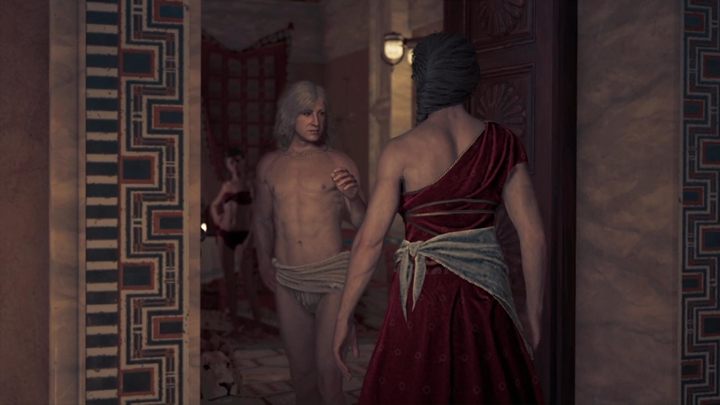 Go to one of the rooms to find Alkibiades who is in the middle of having sex and will ask you to bring him oil - AC Odyssey: The road to Symposium Walkthrough - Main Storyline - Assassins Creed Odyssey Guide