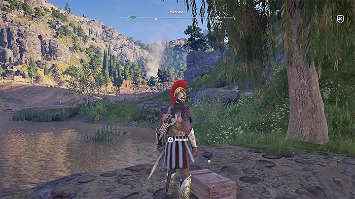 When you arrive near the village, take an interest in the large tree next to the lake as shown in the picture 1 - Ainigmata Ostraka on Messenia in Assassins Creed Odyssey - Ainigmata Ostraka - Assassins Creed Odyssey Guide