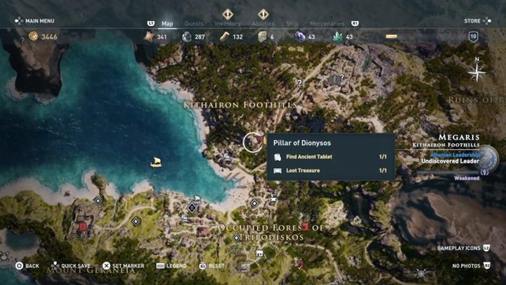 Solution: Pillar of Dionysos is north from the cave - Megaris - Side Quests in Assassins Creed Odyssey - Side Quests - Assassins Creed Odyssey Guide
