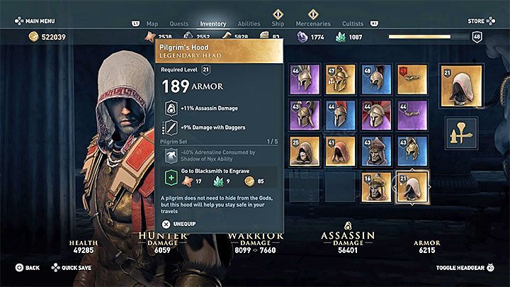 Item stats and type: Hood from a legendary set - AC Odyssey: Legendary Chests - Best builds - Assassins Creed Odyssey Guide