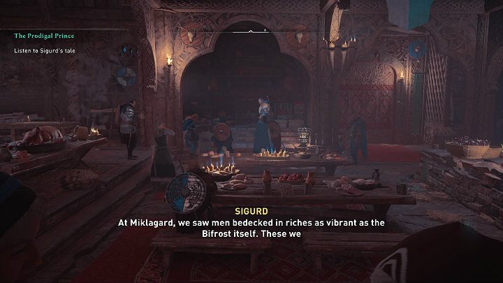 After a short cutscene, you will find yourself in the King's hut, and during the welcome feast, you will listen to one of Sigurd's stories - Assassins Creed Valhalla: The Prodigal Prince walkthrough - Rygjafylke - Assassins Creed Valhalla Guide
