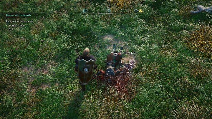 The first scout, or rather what is left of him, can be found near Coindene, on the hill - Assassins Creed Valhalla: Reaver of the South - walkthrough - Southsexe - Assassins Creed Valhalla Guide