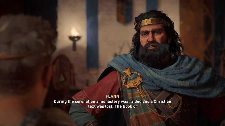 During the conversation with Flann, you will learn that someone raided the monastery during the coronation ceremony and a very valuable book (The Book of Kells) was stolen - AC Valhalla Wrath of the Druids: A Show of Character - solution - Assassins Creed Valhalla Guide