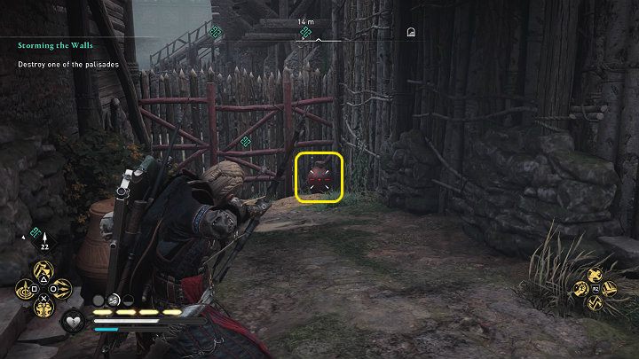 After entering the fortress, turn left, eliminate a few guards and shoot an oil jug to destroy the palisade - Assassins Creed Valhalla: Storming the Walls - guide - Southsexe - Assassins Creed Valhalla Guide