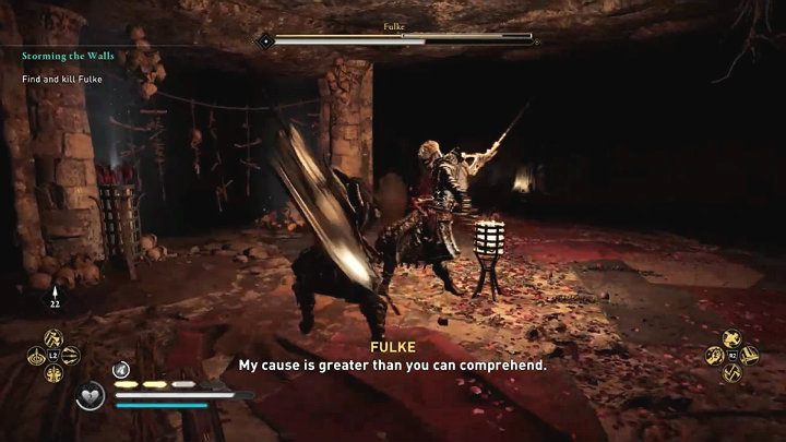 The vast majority of Fulke's special attacks are indicated by a yellow flash – you can parry or block them to knock the opponent out of balance and do some stun damage - Assassins Creed Valhalla: Storming the Walls - guide - Southsexe - Assassins Creed Valhalla Guide
