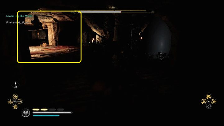 As soon as Fulke extinguishes the bonfire in the middle of the arena, move immediately to the next illuminated area - Assassins Creed Valhalla: Storming the Walls - guide - Southsexe - Assassins Creed Valhalla Guide