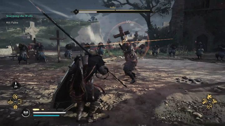 When the fight moves to the square in front of the church, Fulke will fight with a large wooden cross - Assassins Creed Valhalla: Storming the Walls - guide - Southsexe - Assassins Creed Valhalla Guide