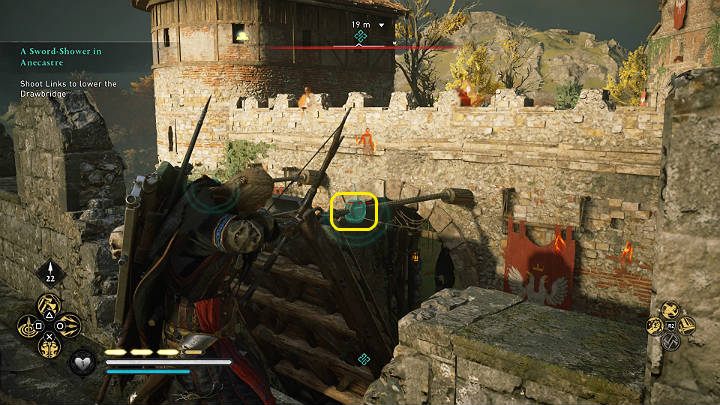 The chain's links holding the bridge need to be shot at diagonally - Assassins Creed Valhalla: A Sword-Shower in Anecastre - walkthrough - Lincolnscire - Assassins Creed Valhalla Guide