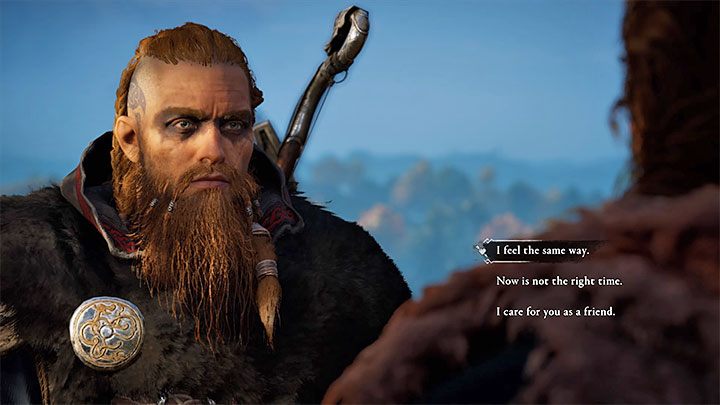 You can choose a dialog option marked with a heart so that Eivor will confirm that he reciprocates the feeling - Assassins Creed Valhalla: Randvi - romance - Romances - Assassins Creed Valhalla Guide