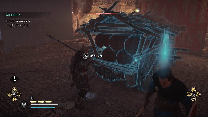 Once the cart is in place, you have to set it on fire detonate the charges - approach the charges and use the action button - Assassins Creed Valhalla: King Killer - walkthrough - Sciropescire - Assassins Creed Valhalla Guide